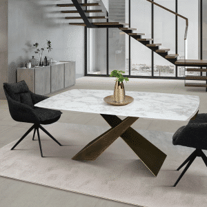 MIRABELLE -MASA BLAT ROTUNJIT CERAMICA ALB  EXTENSIBILA -PICIOR METALIC BRONZ  160 cm/90 cm