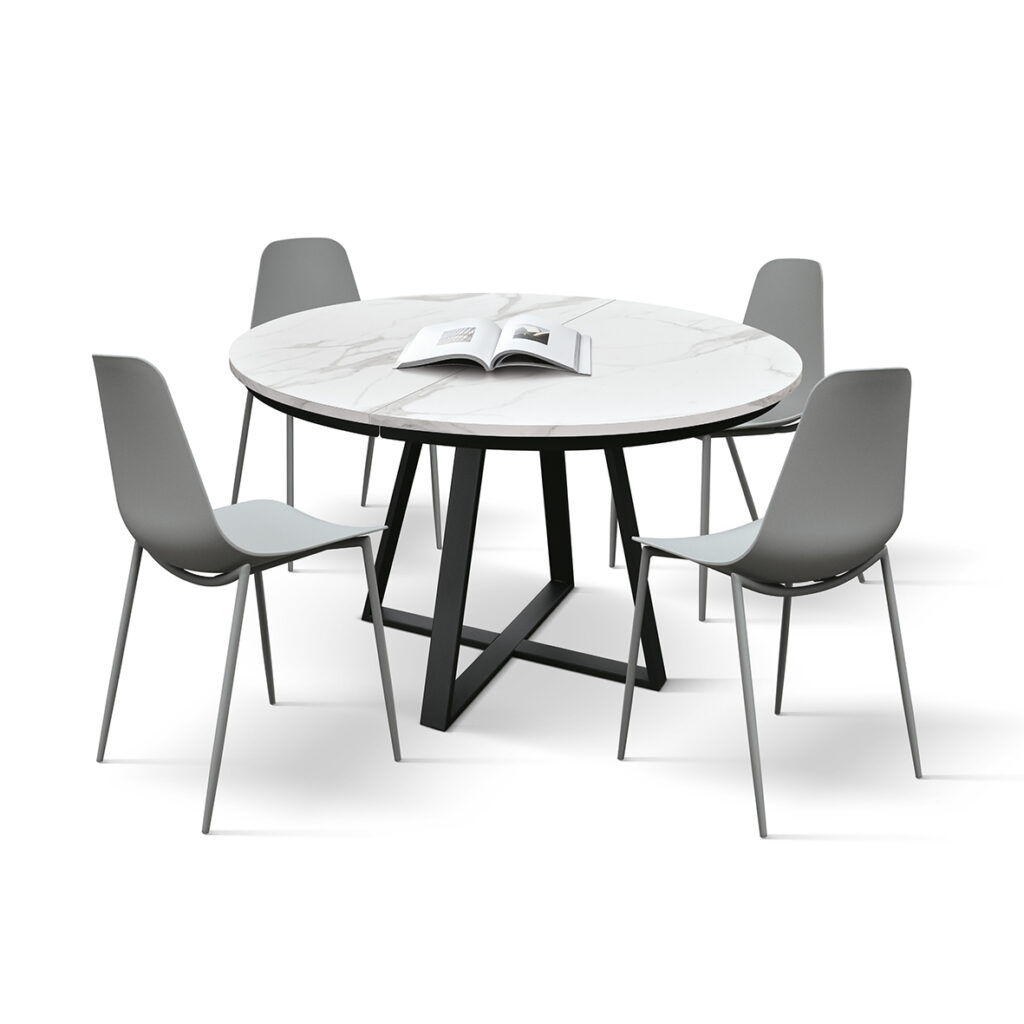 masa rotunda extensibila melania, blat alb marmorat Ø 120 cm