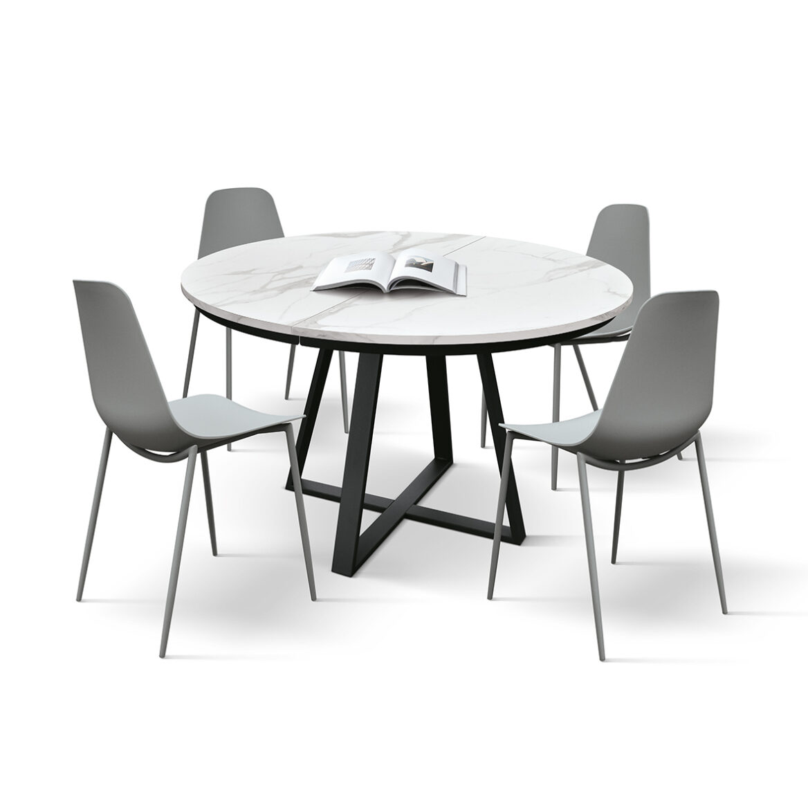 masa rotunda extensibila melania, blat alb marmorat Ø 120 cm