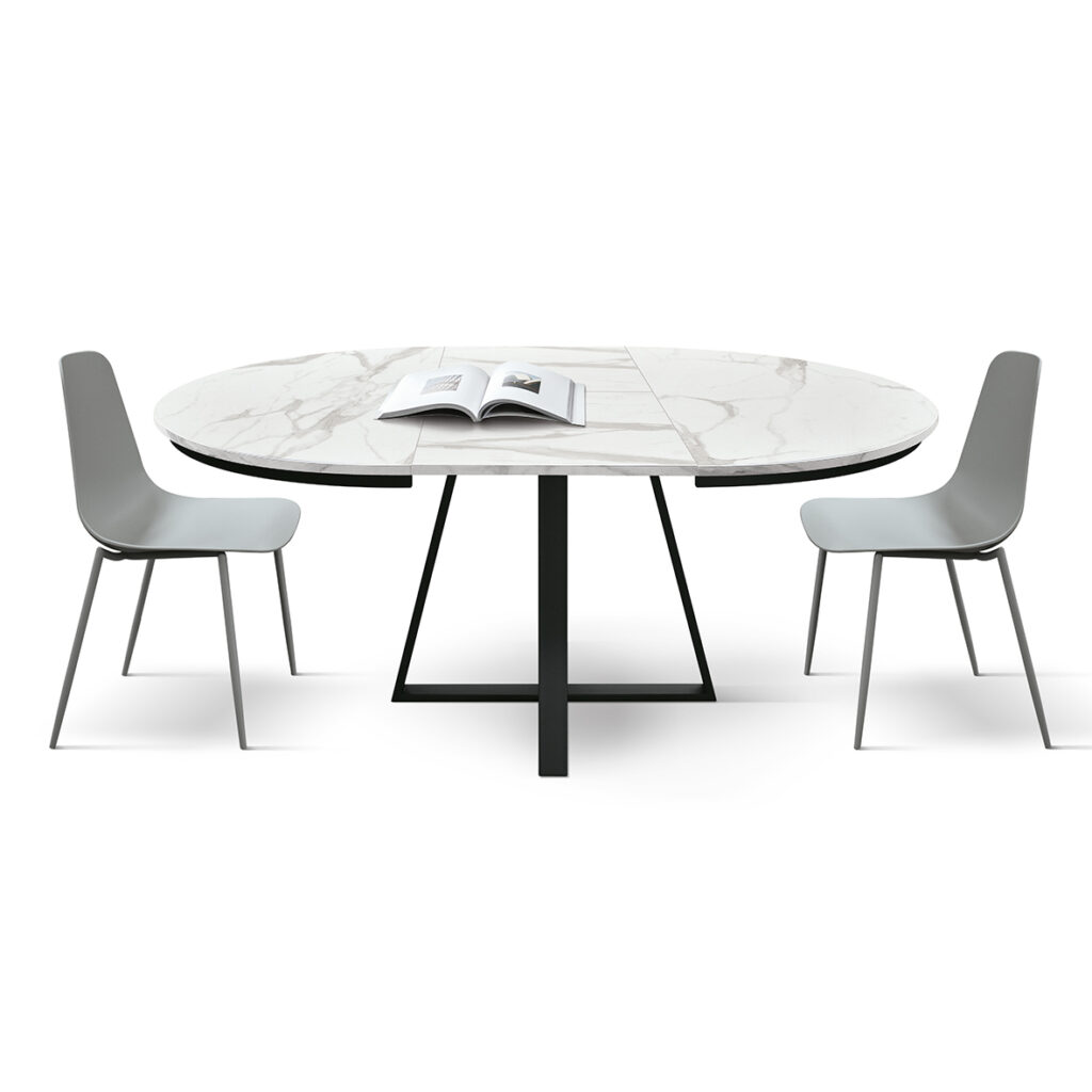 masa rotunda extensibila melania, blat alb marmorat Ø 120 cm