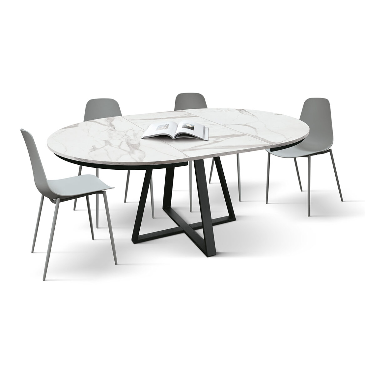 masa rotunda extensibila melania, blat alb marmorat Ø 120 cm