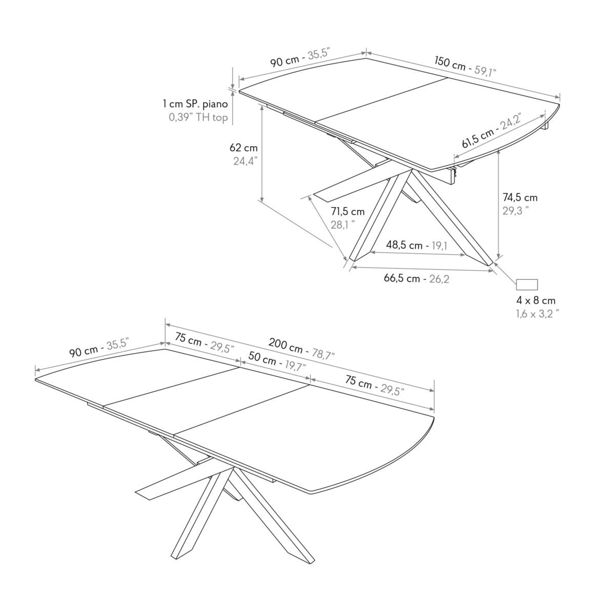 masă alma extensibilă, sticlă ceramică picior metalic