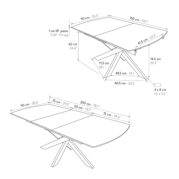 masă alma extensibilă, sticlă ceramică picior metalic